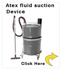 ATEX fluid suction device with pneumatic actuator and 205 litre mobile painted steel container