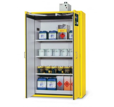 Fire Resistant Safety Cabinet G-1201, yellow, including 3 shelves, perforated insert & spill tray