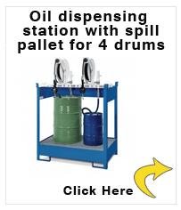 Oil dispensing station with spill pallet for 4 drums, 4 x compressed air pumps, hose reel 10m