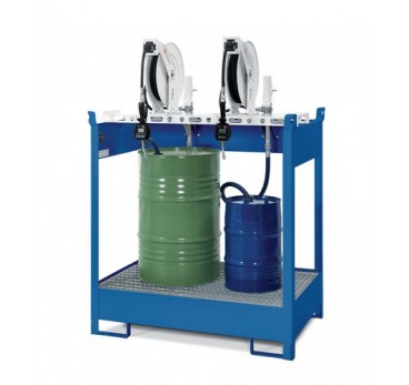Oil dispensing station with spill pallet for 4 drums, 4 x compressed air pumps, hose reel 10m