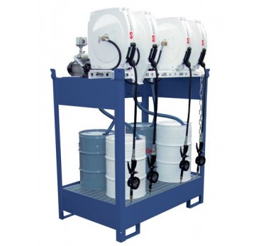 Oil station with spill pallet for 4 drums, 4 x electric pumps, enclosed hose reel 10m, nozzle, meter