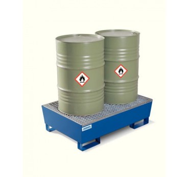 Sump pallet Basic E, painted steel, with forklift pockets & grid, for 2x205 litre drums